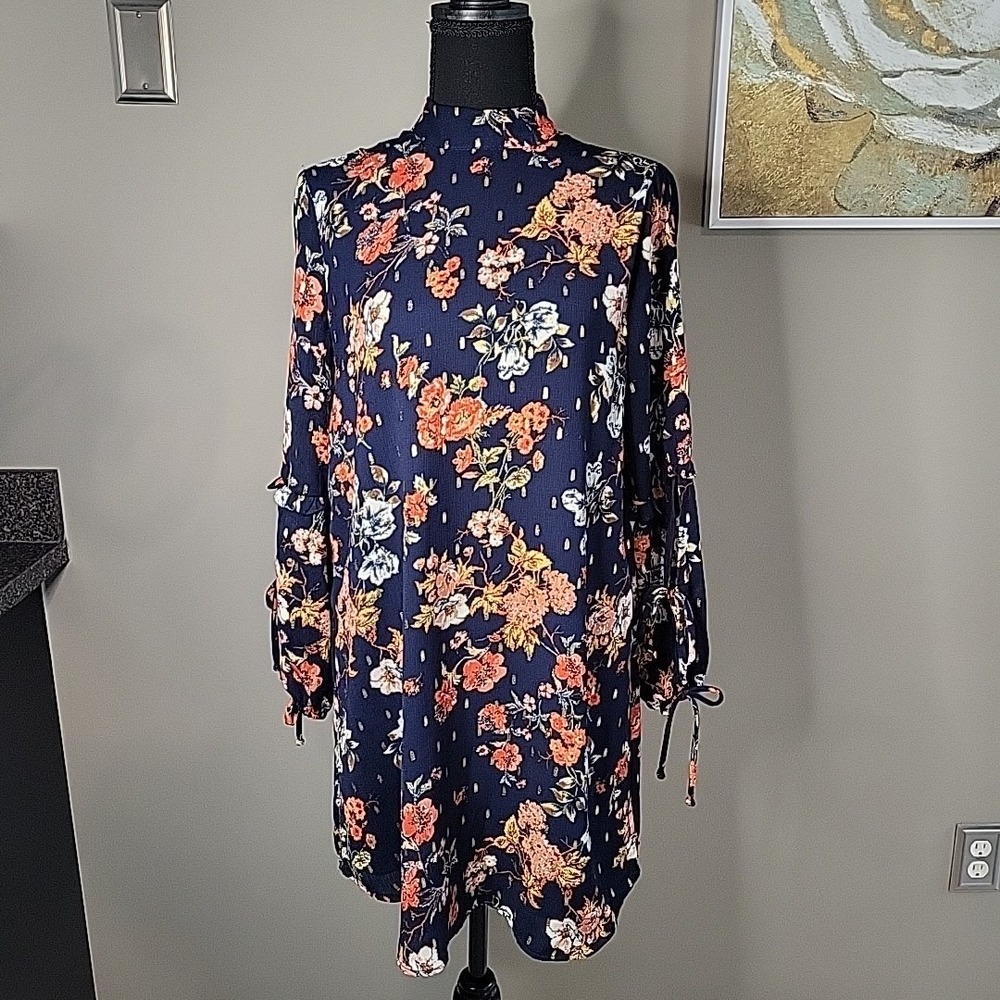 CITY TRIANGLES Women's Blue Gold Floral Long Sleeve Tie Ruffle Boho‎ Dress S